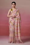 Buy_Dressfolk_Peach Handloom Linen Stripes Color Block Pattern Saree _at_Aza_Fashions