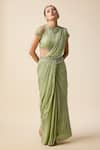 Buy_Merge Design_Green Georgette Embellished Stripe Embroidered Pre-draped Saree With Blouse_at_Aza_Fashions