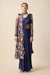 Merge Design_Blue Blended Silk Embroidery Thread Pleated Pre-draped Saree Set With Jacket _Online_at_Aza_Fashions