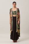 Buy_Basanti Kapde aur Koffee_Black Chiffon Embroidery, Sequins Round Neck Floral Print Cape Skirt Set_Online_at_Aza_Fashions