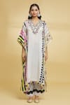 Maayera Jaipur_White Mul Satin V Neck Floral Pattern Tasseled Kaftan And Pant Set _Online_at_Aza_Fashions