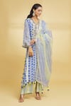 Shop_Maayera Jaipur_Blue Crepe Silk Print Phool Glass Neck Block Kurta Pant Set  _at_Aza_Fashions