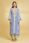 Shop_Maayera Jaipur_Blue Crepe Silk Print Phool Glass Neck Block Kurta Pant Set  _Online_at_Aza_Fashions