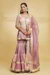 Buy_Maayera Jaipur_Pink Mul Satin Embroidery Herringbone And Sequin Kurti Gharara Set _at_Aza_Fashions