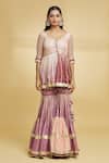 Maayera Jaipur_Pink Mul Satin Embroidery Herringbone And Sequin Kurti Gharara Set _Online_at_Aza_Fashions