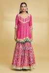Maayera Jaipur_Pink Mul Satin Print Bahar V Neck Kurti Gharara Set _Online_at_Aza_Fashions