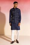 Buy_Seven_Blue Cotton Embroidery Thread Flow Work Nehru Jacket And Kurta Set _at_Aza_Fashions