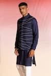 Seven_Blue Cotton Embroidery Thread Flow Work Nehru Jacket And Kurta Set _Online_at_Aza_Fashions