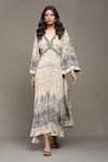 Buy_Ritu Kumar_Beige Viscose, Crepe V-neck Devesh Abstract Print Dress _Online_at_Aza_Fashions