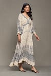 Ritu Kumar_Beige Viscose, Crepe V-neck Devesh Abstract Print Dress _at_Aza_Fashions
