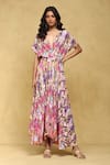 Buy_Ritu Kumar_Pink Viscose Crepe Printed Abstract V Neck Binkai Dress _at_Aza_Fashions