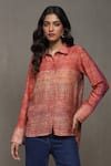 Ritu Kumar_Red Cotton, Silk Collared Mrinal Stripe Print Shirt_Online_at_Aza_Fashions