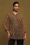 Ritu Kumar_Brown Viscose Chiffon Printed Floral Mandarin Collar Avanti Top  _Online_at_Aza_Fashions