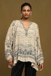 Ritu Kumar_Beige Viscose Crepe Printed Abstract V Neck Devesh Top _Online_at_Aza_Fashions