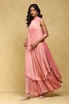 Ritu Kumar_Pink Crimp Satin Printed Botanic Band Pernia Flared Palazzo Set With Dupatta _Online_at_Aza_Fashions