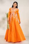 Buy_Aanchal Vijaywargi_Orange Chanderi Embroidery Pearls V Marigold Anarkali Jacket With Draped Skirt_at_Aza_Fashions