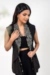 Shop_Aanchal Vijaywargi_Black Chanderi Embroidery Thread Gardenia Embellished Blazer Bell Bottom Set _Online_at_Aza_Fashions