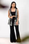 Buy_Aanchal Vijaywargi_Black Organza Embroidery Thread Square Midnight Bloom Jacket Bell Bottom Pant _at_Aza_Fashions