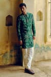 Shop_Drishti & Zahabia_Emerald Green Kurta Dupion Silk Digital Printed Bandhej With Pant _at_Aza_Fashions