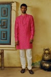 Buy_Drishti & Zahabia_Pink Kurta Dupion Silk Digital Printed Bandhej Set _at_Aza_Fashions