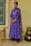 Drishti & Zahabia_Purple Dupion Silk Print Bandhani Aari Round Neck Bandhej Motif Anarkali Set _Online_at_Aza_Fashions