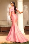 Shop_Shweta Aggarwal_Pink Shimmer Organza Embroidery 3d Flowers High Neck Hand Structured Gown_at_Aza_Fashions