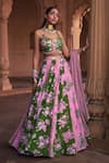 Buy_DiyaRajvvir_Green Crepe Printed Floral Sweetheart Blouse Lehenga Set _at_Aza_Fashions