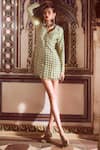 Buy_DiyaRajvvir_Green Dola Silk Printed Grid V Neck Blazer Dress_at_Aza_Fashions
