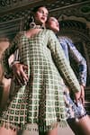 Shop_DiyaRajvvir_Green Dola Silk Printed Grid V Neck Blazer Dress_at_Aza_Fashions