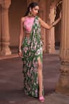 Buy_DiyaRajvvir_Green Crepe Printed Floral Round Pre-draped Skirt Saree With Blouse _at_Aza_Fashions