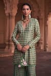 Shop_DiyaRajvvir_Green Dola Silk Printed Grid V Neck Floral Jacket Pant Set _Online_at_Aza_Fashions