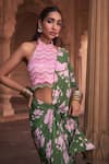 DiyaRajvvir_Green Tulle Printed Floral Halter Pre-draped Saree With Blouse_Online_at_Aza_Fashions