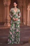 Buy_DiyaRajvvir_Green Crepe Printed Floral Deep V Neck Peplum Top And Gharara Set _at_Aza_Fashions