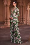 Buy_DiyaRajvvir_Green Crepe Printed Floral Deep V Neck Peplum Top And Gharara Set _Online_at_Aza_Fashions