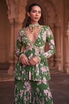 Shop_DiyaRajvvir_Green Crepe Printed Floral Deep V Neck Peplum Top And Gharara Set _Online_at_Aza_Fashions