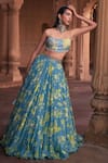 Buy_DiyaRajvvir_Blue Crepe Printed Floral Square Neck Blouse And Lehenga Set_at_Aza_Fashions