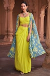 DiyaRajvvir_Blue Crepe Printed Floral Sweetheart Cape With Dhoti Skirt Set_Online_at_Aza_Fashions