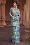 Buy_DiyaRajvvir_Blue Crepe Printed Floral Square Neck Pattern Pre-draped Skirt Saree With Blouse _at_Aza_Fashions