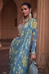 DiyaRajvvir_Blue Crepe Printed Floral Square Neck Pattern Pre-draped Skirt Saree With Blouse _Online_at_Aza_Fashions