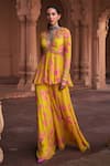 Buy_DiyaRajvvir_Yellow Georgette Printed Floral Deep V Neck Peplum Top And Sharara Set _at_Aza_Fashions