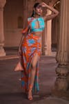 DiyaRajvvir_Blue Crepe Printed Floral Round Blouse And Skirt Set_Online_at_Aza_Fashions