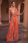 Buy_DiyaRajvvir_Orange Crepe Printed Floral Round Pre-draped Pant Saree With Blouse_at_Aza_Fashions