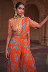 Buy_DiyaRajvvir_Orange Crepe Printed Floral Round Pre-draped Pant Saree With Blouse_Online_at_Aza_Fashions