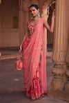 DiyaRajvvir_Maroon Crepe Printed Floral V Neck Thikri Pre-draped Gharara Saree With Blouse_Online_at_Aza_Fashions