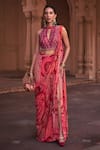 Buy_DiyaRajvvir_Maroon Tulle Printed Floral Halter Thikri Pre-draped Skirt Saree With Blouse_at_Aza_Fashions