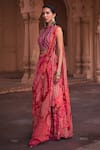 DiyaRajvvir_Maroon Tulle Printed Floral Halter Thikri Pre-draped Skirt Saree With Blouse_Online_at_Aza_Fashions