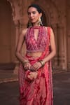 Buy_DiyaRajvvir_Maroon Tulle Printed Floral Halter Thikri Pre-draped Skirt Saree With Blouse_Online_at_Aza_Fashions