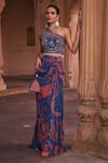 DiyaRajvvir_Blue Georgette Printed Thikri One-shoulder Crop Top Skirt Set_Online_at_Aza_Fashions