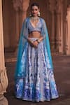 Buy_DiyaRajvvir_Blue Cotton Silk Embroidery Mirror V Neck Bluebell Lehenga Set _at_Aza_Fashions