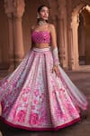 DiyaRajvvir_Pink Cotton Silk Embroidery Mirror Square Neck Petunia Sequin Lehenga Set_Online_at_Aza_Fashions